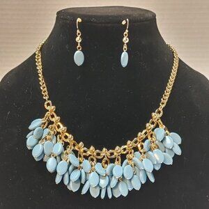 GoldTone Round Chain Teal Blue Teardrop Bib Statement Necklace | Earrings - 18”